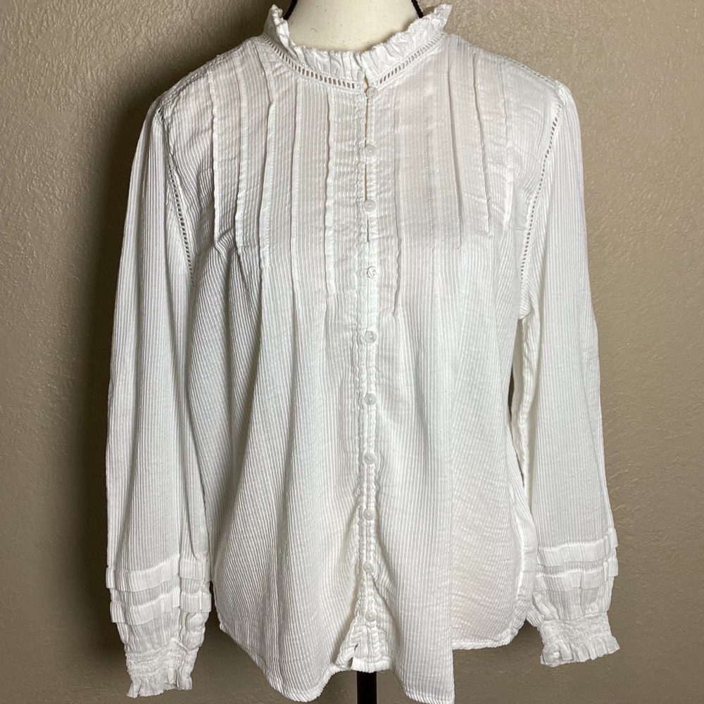Quince White Textured Pintuck Blouse Ruffle Neck Lace Swiss Dot Top Women's LG